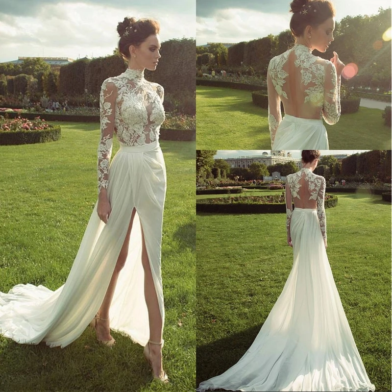 Sexy Wedding Dresses 2021 Chiffon High Collar Neckline See-through Sheath Long Sleeve Lace Appliques Side Slit Wedding Gown
Sexy Wedding Dresses 2021 Chiffon High Collar Neckline See-through Sheath Long Sleeve Lace Appliques Side Slit Wedding Gown