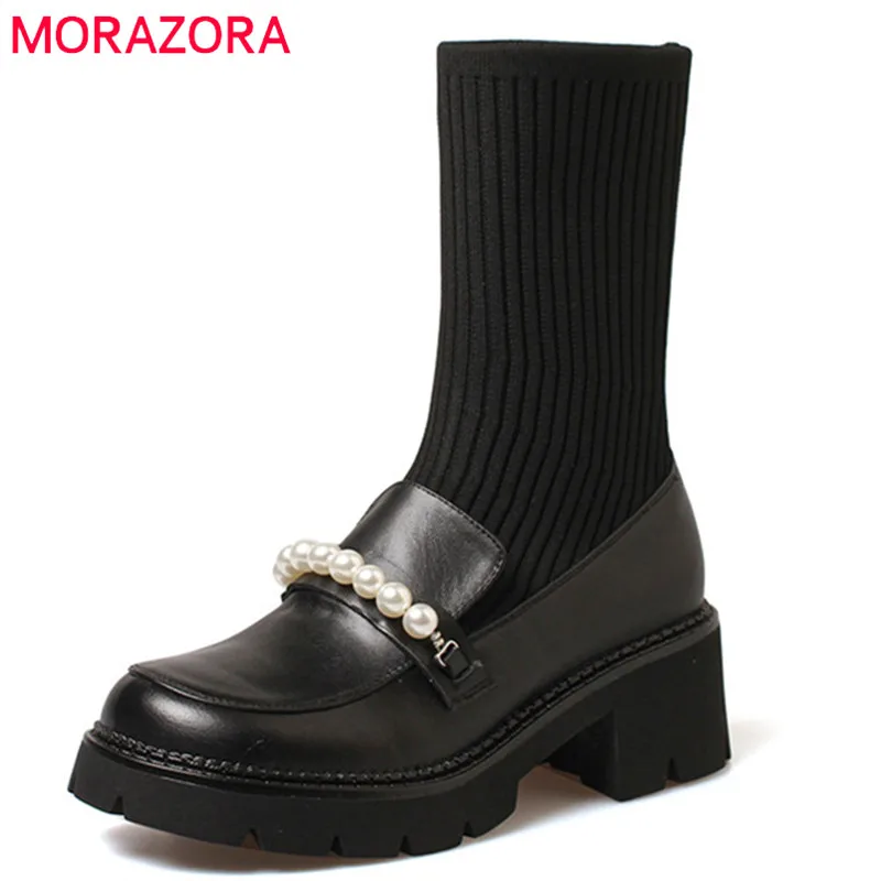 MORAZORA 2021 Genuine Leather Ankle Boots Women Shoes Thick Heels Pearl Sweet Casual Shoes Winter Stretch Sock Boots Women 
MORAZORA 2021 Genuine Leather Ankle Boots Women Shoes Thick Heels Pearl Sweet Casual Shoes Winter Stretch Sock Boots Women