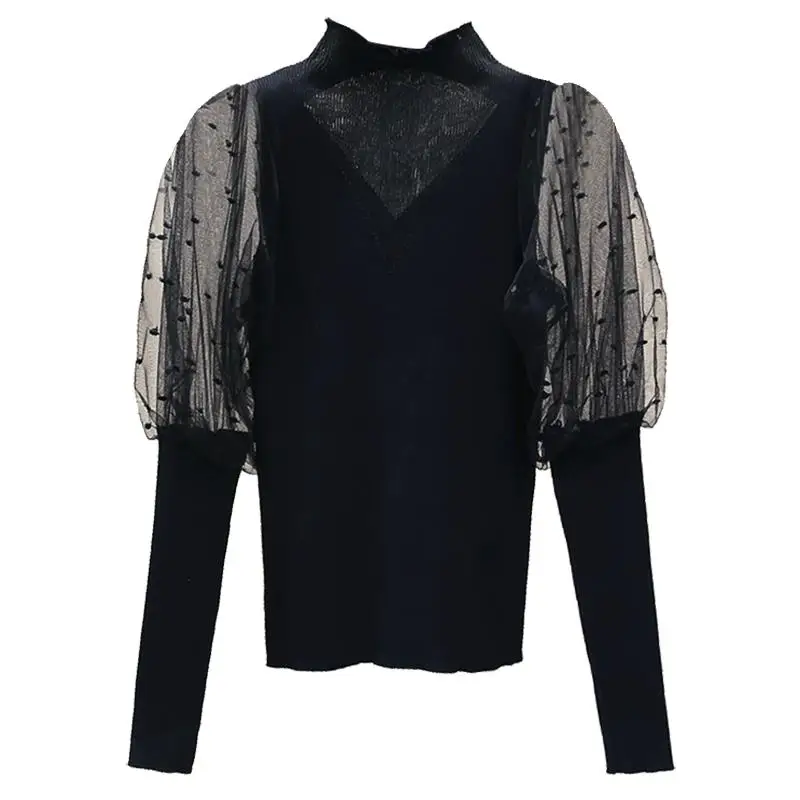 Lantern Sleeved Mesh Women Blouse Black Slim Elastic Chiffon Patchwork Office Lady Elegant Pulls Tops
Lantern Sleeved Mesh Women Blouse Black Slim Elastic Chiffon Patchwork Office Lady Elegant Pulls Tops