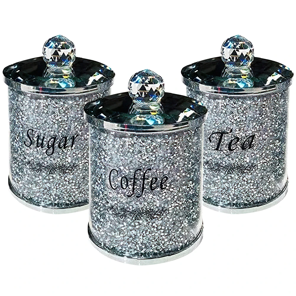 Tea Coffee Sugar Canisters Set with Lid Crushed Crystal Filled Multi-Purpose Home Kitchen Storage Organizer Cans Glass Jar 3PCS 
Tea Coffee Sugar Canisters Set with Lid Crushed Crystal Filled Multi-Purpose Home Kitchen Storage Organizer Cans Glass Jar 3PCS