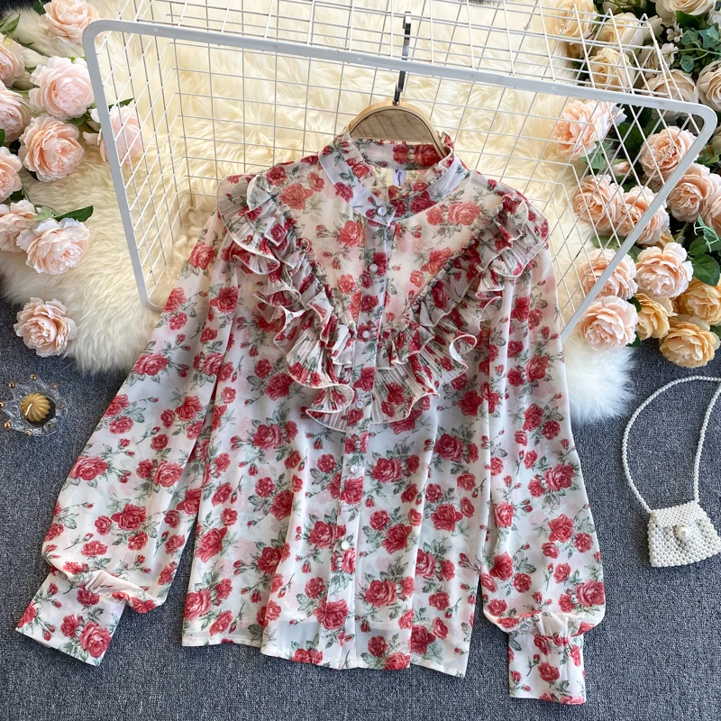 2021 Spring Fall Chiffon Long-Sleeved Female Shirt New Women Sweet Ruffled Pleated Floral Top Fashion Retro Button Up Blouses 
2021 Spring Fall Chiffon Long-Sleeved Female Shirt New Women Sweet Ruffled Pleated Floral Top Fashion Retro Button Up Blouses
