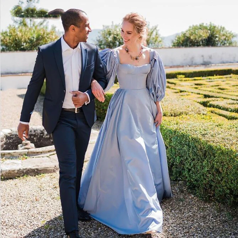Sky Blue Prom Dresses Bishop Sleeves High Slit Taffeta Sweetheart A-line Long Evening Party Gowns
Sky Blue Prom Dresses Bishop Sleeves High Slit Taffeta Sweetheart A-line Long Evening Party Gowns