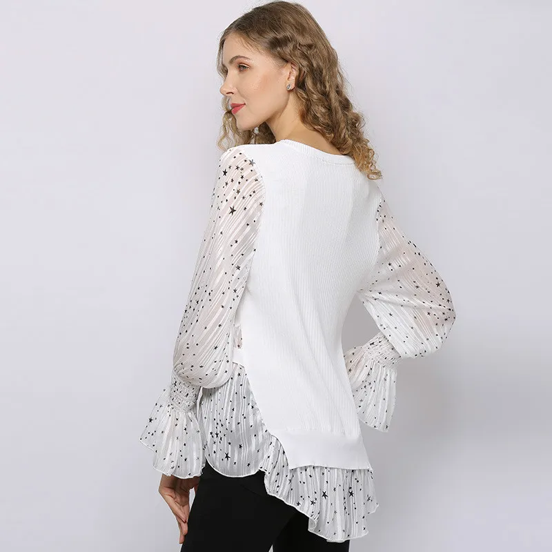 O-neck Women Sweater Tops Spring Summer Star Print Flared Sleeves Stitching Ruffles Fake Two Piece Sweater Blouses Women T20625
O-neck Women Sweater Tops Spring Summer Star Print Flared Sleeves Stitching Ruffles Fake Two Piece Sweater Blouses Women T20625