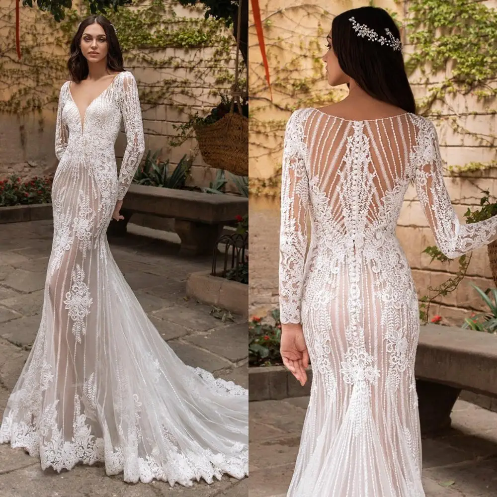 

Plunging V-neck Mermaid Wedding Dresses with Allover Semi-Sheer Details Appliqued Bridal Gowns Long Sleeve vestidos de noiva