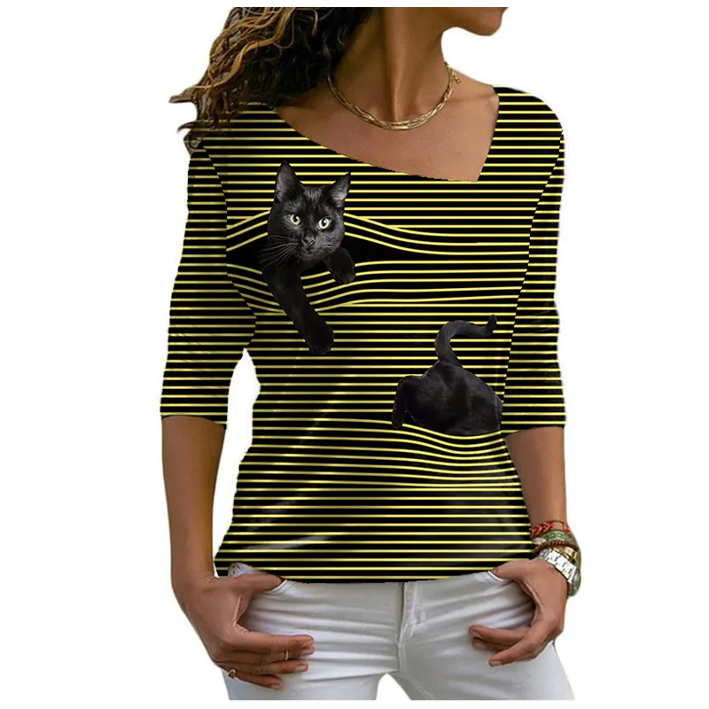 Осенняя женская футболка в полоску с забавным котом, топы с длинным рукавом, модные женские футболки с диагональным воротником и принтом ба...
Осенняя женская футболка в полоску с забавным котом, топы с длинным рукавом, модные женские футболки с диагональным воротником и принтом ба...