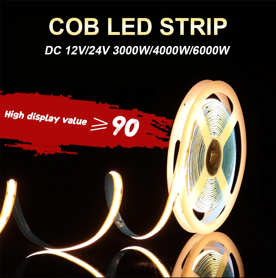 

5m/lot.COB LED Strip 320 384 528 LEDs High Density Flexible COB LED Lights DC12V 24V RA90 3000K 4000K 6000K LED Tape