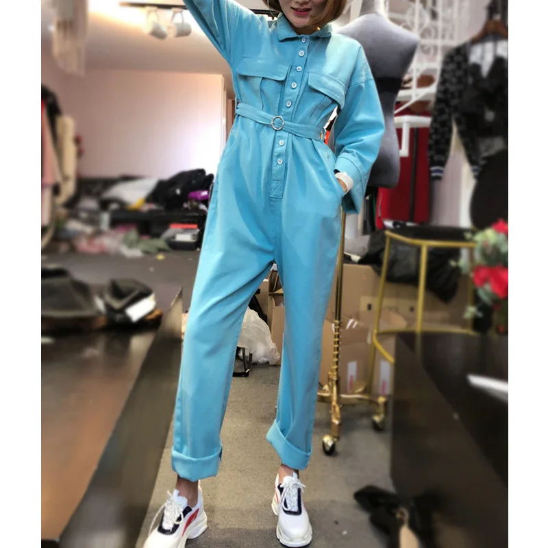 Spring Autumn Fashion Blue Jumpsuit Women Turndown Collar Denim High Waist Long Sleeve Ladies Korean Playsuits
Spring Autumn Fashion Blue Jumpsuit Women Turndown Collar Denim High Waist Long Sleeve Ladies Korean Playsuits