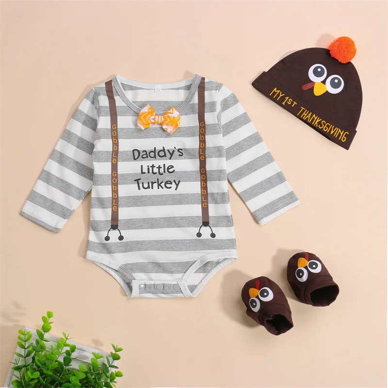 2021 New Baby My First Thanksgiving Outfits Long Sleeve Striped Rompers + Turkey Hat + Socks 3 Piece Set for 0-18 Months
2021 New Baby My First Thanksgiving Outfits Long Sleeve Striped Rompers + Turkey Hat + Socks 3 Piece Set for 0-18 Months