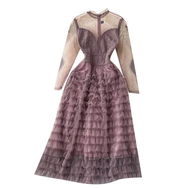 perspective gauze long sleeve sweet Auricularia auricula edge close waist show thin temperament medium length dress 
perspective gauze long sleeve sweet Auricularia auricula edge close waist show thin temperament medium length dress