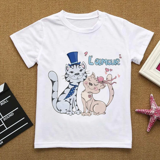 Летняя одежда с цветочным принтом Love You Cat мультяшная рубашка детские вещи для