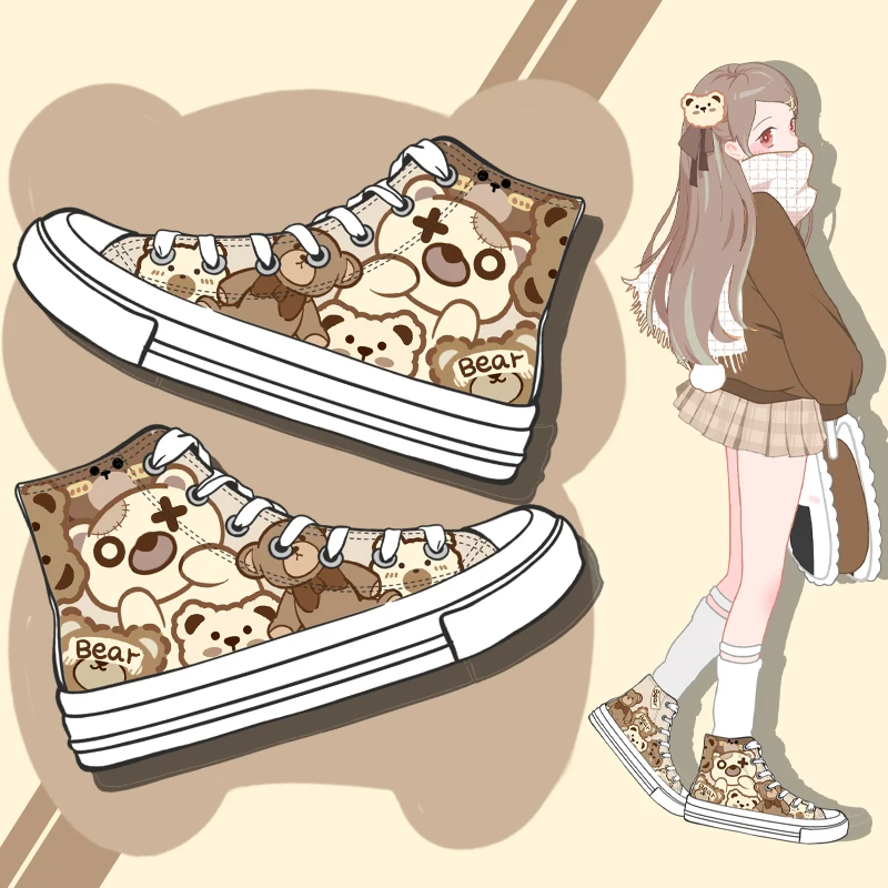 

Amy and Michael Original Design Anime Bear Hand Painted Canvas Shoes Female Students Cute Hi Tops Plimsolls Woman Vulcanize Shoe