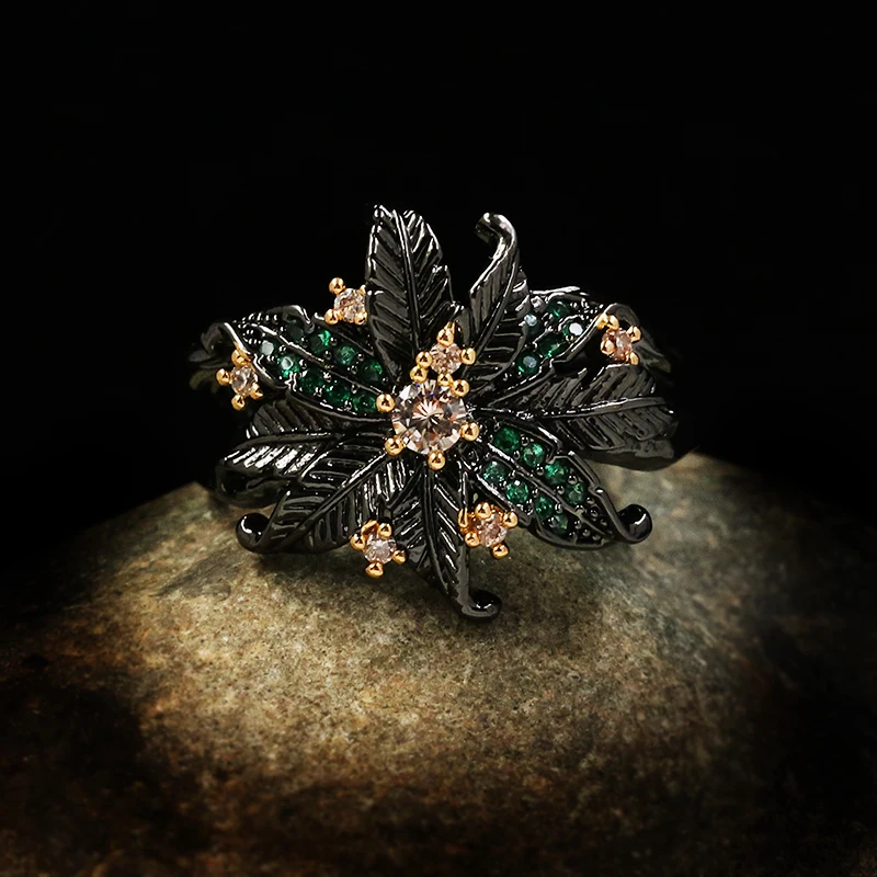 Fashion Ladies Jewelry Begonia Flower Green Zircon Ring Original Luxury Italian Handmade Black Gold Jewelry Flower Ladies Ring
Fashion Ladies Jewelry Begonia Flower Green Zircon Ring Original Luxury Italian Handmade Black Gold Jewelry Flower Ladies Ring