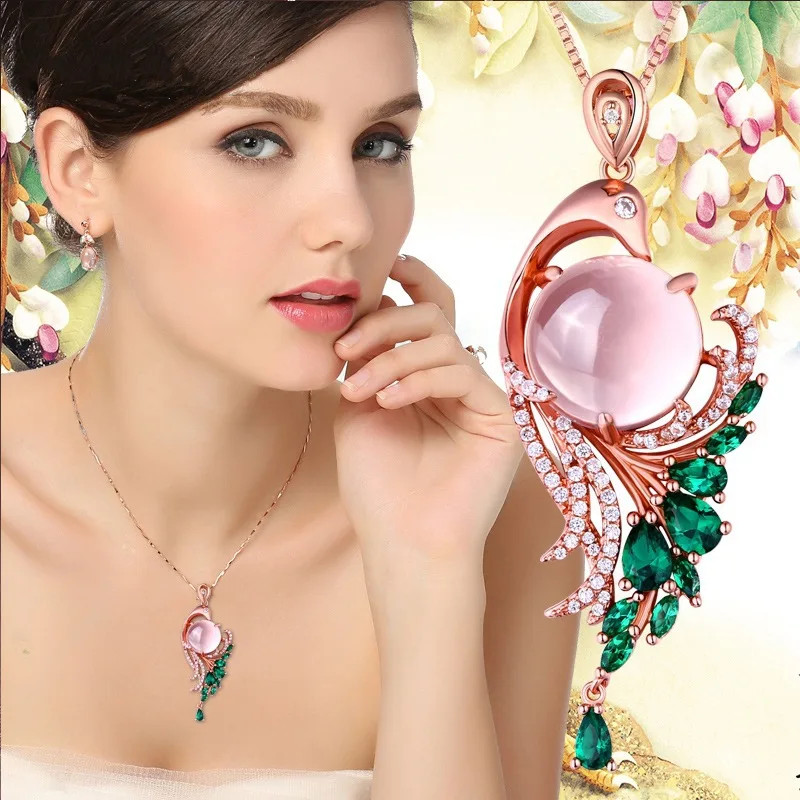 MOONROCY розовое искусственное опаловое ожерелье с розовым кварцем и фианитом в