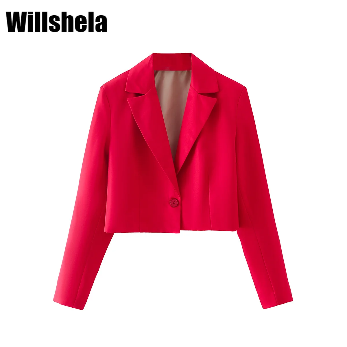 

Willshela Women Fashion Red Solid Single Button Cropped Blazer Vintage Long Sleeves Notched Neck Female Suit veste femme