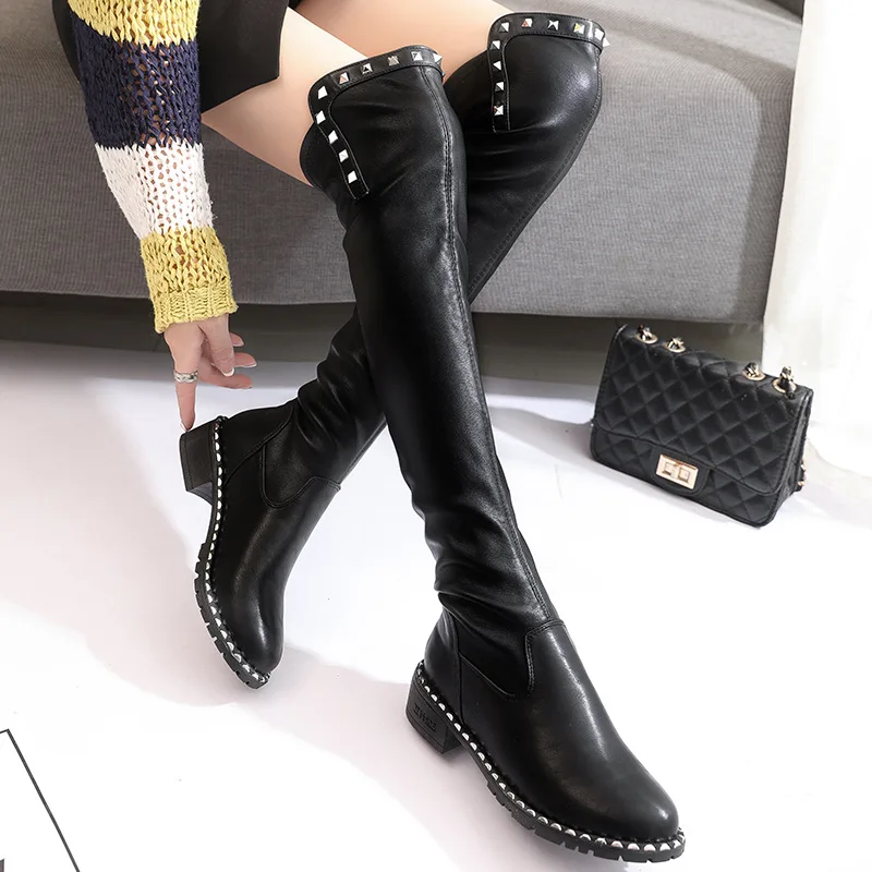 

Black pu smooth material black rivet female over-the-knee boots autumn and winter new feminine over-the-knee boots