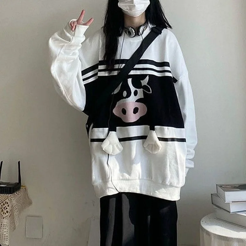 Deeptown Kawaii Korean Style Cow Print Oversize White Hoddie Women Harajuku Cute Sweatshirt Female Pullover Long Sleeve Tops 
Deeptown Kawaii Korean Style Cow Print Oversize White Hoddie Women Harajuku Cute Sweatshirt Female Pullover Long Sleeve Tops