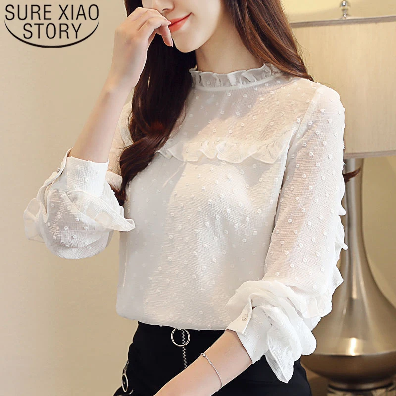 

2020 Spring New Korea Edition Women Tops Solid Long Sleeve Chiffon Blouse Ruffles Stand Collar Women Shirts Ladies Tops 8055 50