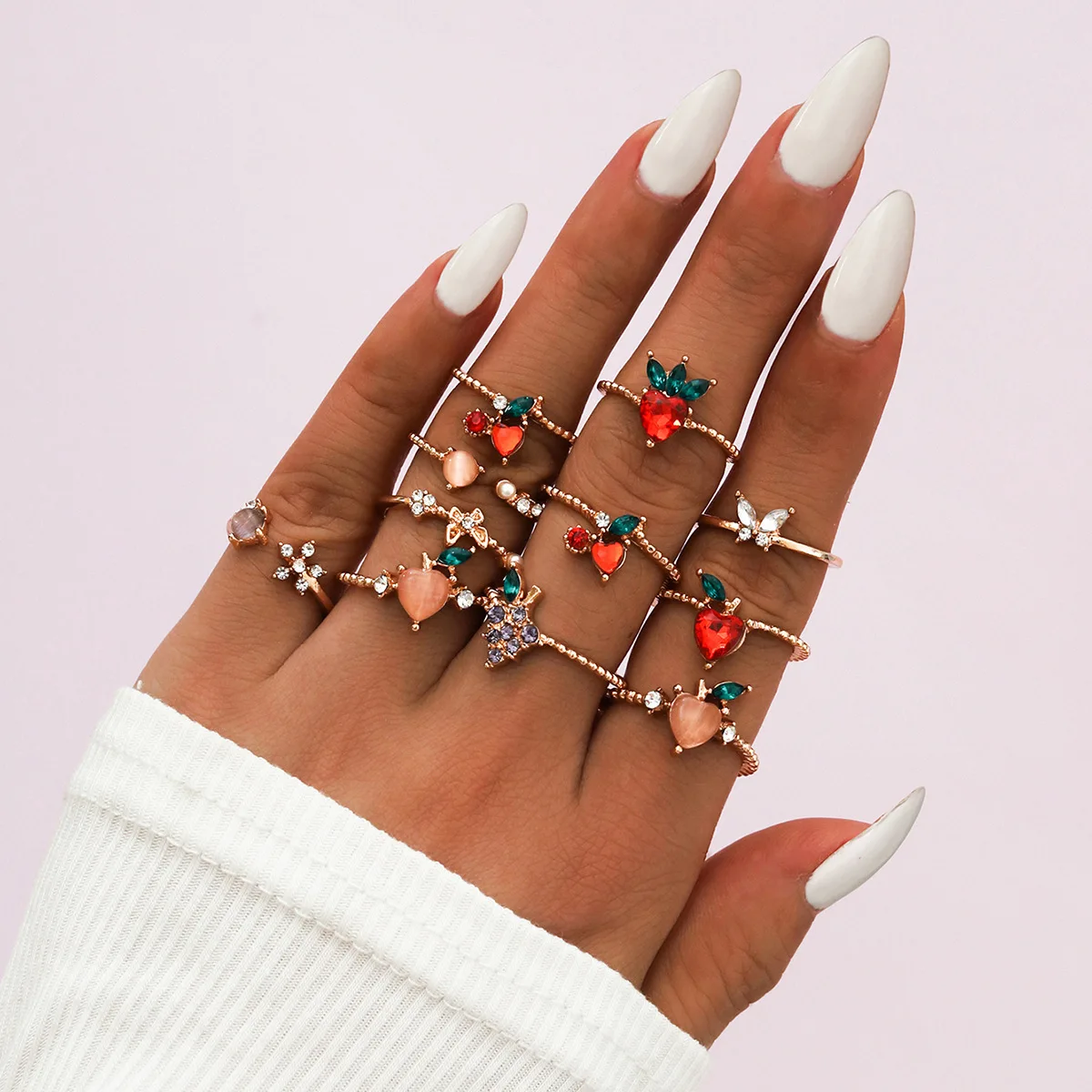 11 Pcs/Set Fruit Rings for Women Sweet Crystal Apple Strawberry Cherry Grape Fashion Butterfly Fruit Gem Finger Rings Set Party
11 Pcs/Set Fruit Rings for Women Sweet Crystal Apple Strawberry Cherry Grape Fashion Butterfly Fruit Gem Finger Rings Set Party