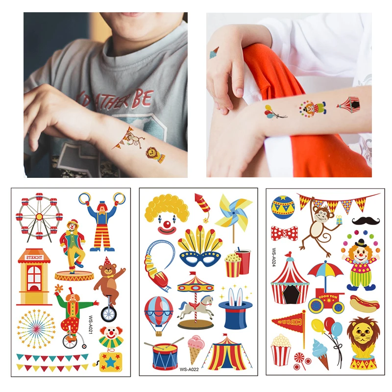 Tattoos Sticker for Kids Cute Fake Tattoo Waterproof Halloween Birthday Party Stickers Circus Clown Funny Cartoon Pattern | Красота и