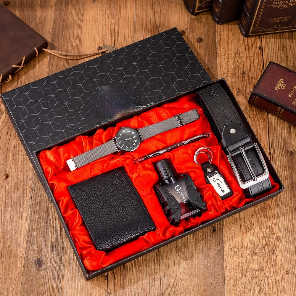 6pcs/set men's boutique gift set belt + Wallet + PERFUME + key chain + large dial quartz watch + pen
6pcs/set men's boutique gift set belt + Wallet + PERFUME + key chain + large dial quartz watch + pen