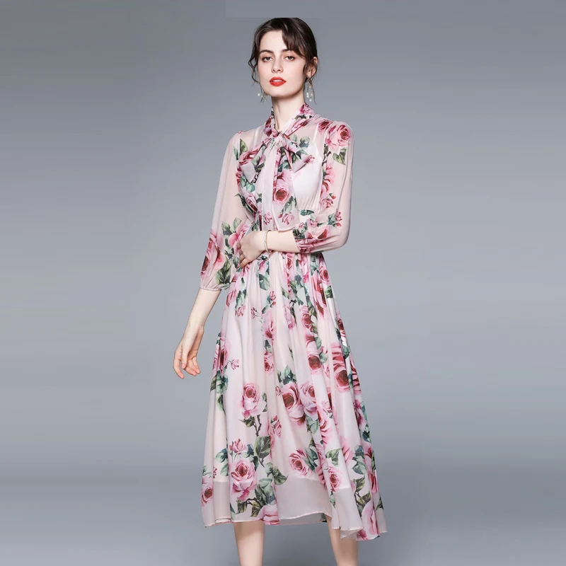2021New Fashion Designer Runway Dress Spring Summer Women Bohemia Dress Bow Collar Pink Rose Print Elegant Party Chiffon Dresses
2021New Fashion Designer Runway Dress Spring Summer Women Bohemia Dress Bow Collar Pink Rose Print Elegant Party Chiffon Dresses