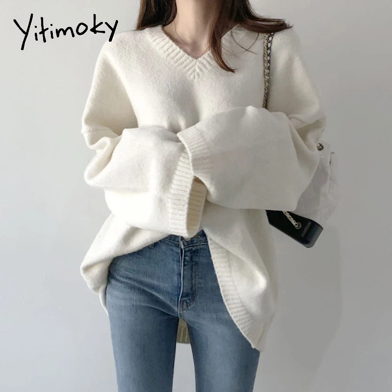 Yitimoky Sweater Women Black White Pullovers Korean Style 2021 New Autumn Winter Loose Casual V-Neck Knitted Top Solid Clothing
Yitimoky Sweater Women Black White Pullovers Korean Style 2021 New Autumn Winter Loose Casual V-Neck Knitted Top Solid Clothing