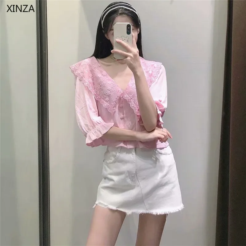 2021 ZA Women Summer Pink Cropped Embroidered Blouse Short Puff Sleeve Lapel Top Feminine Vintage Button Up Embroidery Shirt
2021 ZA Women Summer Pink Cropped Embroidered Blouse Short Puff Sleeve Lapel Top Feminine Vintage Button Up Embroidery Shirt