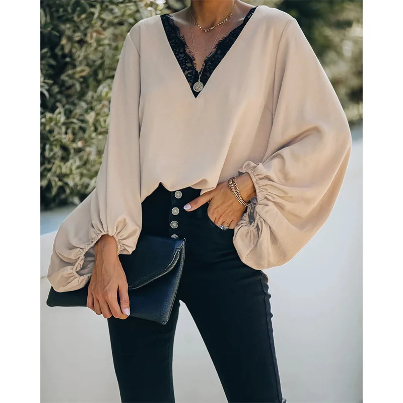 Fashion V-neck Tops For Women 2021 Elegant Loose Long Sleeve Lace Stitching Lantern Sleeve Shirt
Fashion V-neck Tops For Women 2021 Elegant Loose Long Sleeve Lace Stitching Lantern Sleeve Shirt