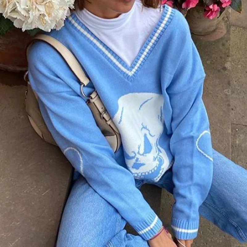 Oversized Sweater Autumn Winter Women V Neck Knit Sweaters Harajuku Long Sleeve Skull Print Pullovers Streetwear Jerseys Mujer
Oversized Sweater Autumn Winter Women V Neck Knit Sweaters Harajuku Long Sleeve Skull Print Pullovers Streetwear Jerseys Mujer