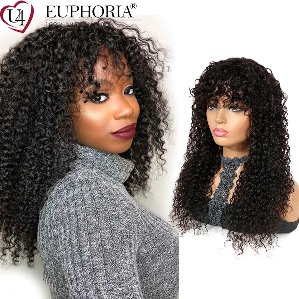 

Natural Black Kinky Curly Hair Wigs Brazilian Remy 100% Human Hair Full Machine Made Cheap Wigs With Bangs 8-24Inch Euphoria