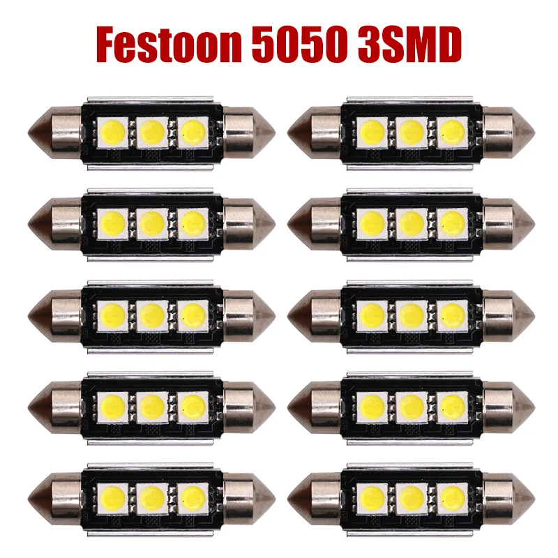 

10pcs Dome Festoon Car Light CANBUS Error Free C5W LED Lamp Auto Bulb Interior Light 36mm 39mm 41mm 3SMD 5050 LED White 12V