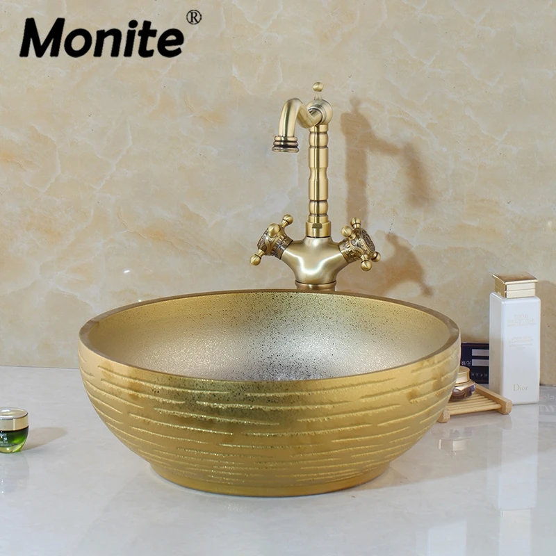 Monite Golden Painting Ceramic Wash Basin Vessel Sink & Antique Brass Bathroom Faucet Art Sink Set Golden Ceramic Basin Tap Set
Monite Golden Painting Ceramic Wash Basin Vessel Sink & Antique Brass Bathroom Faucet Art Sink Set Golden Ceramic Basin Tap Set