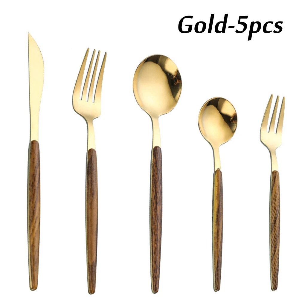 5PCS Gold Silver Stainless Steel Metal Spoon Fork Knife Cutlery Set Western Flatware Tableware With Wooden Handle
5PCS Gold Silver Stainless Steel Metal Spoon Fork Knife Cutlery Set Western Flatware Tableware With Wooden Handle