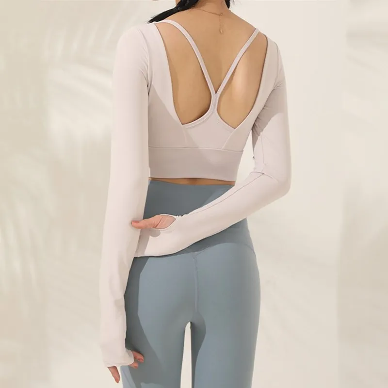 Female Workout U-Neck Running Sports T-shirt Autumn New Style Back Cross Hollow Out Tight Long-Sleeve Yoga Shirts With Chest Pad
Female Workout U-Neck Running Sports T-shirt Autumn New Style Back Cross Hollow Out Tight Long-Sleeve Yoga Shirts With Chest Pad