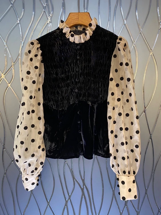 2021 new women fashion pleated neckline polka dot printing color matching stitching decoration long-sleeved all-match top 1013
2021 new women fashion pleated neckline polka dot printing color matching stitching decoration long-sleeved all-match top 1013