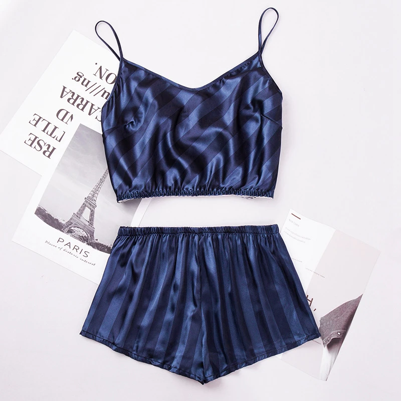 2021 Summer New Ice Silk Pajamas Women's Suspender Vest Shorts Two Piece Home Suit Women Pajamas
2021 Summer New Ice Silk Pajamas Women's Suspender Vest Shorts Two Piece Home Suit Women Pajamas