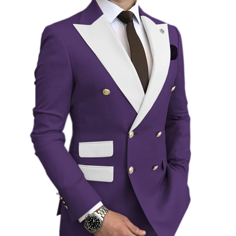 

Новинка 2021, модный мужской костюм, зеленый двубортный Фиолетовый Модный костюм для жениха с лацканами для свадебной вечеринки (Блейзер + брюки)