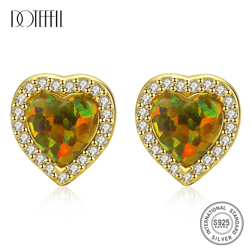 

DOTEFFIL Elegant Heart Design Opal Stud Earrings for Women Sparkling CZ Wrapped Charming Earrings Silver Jewellery Carving 925