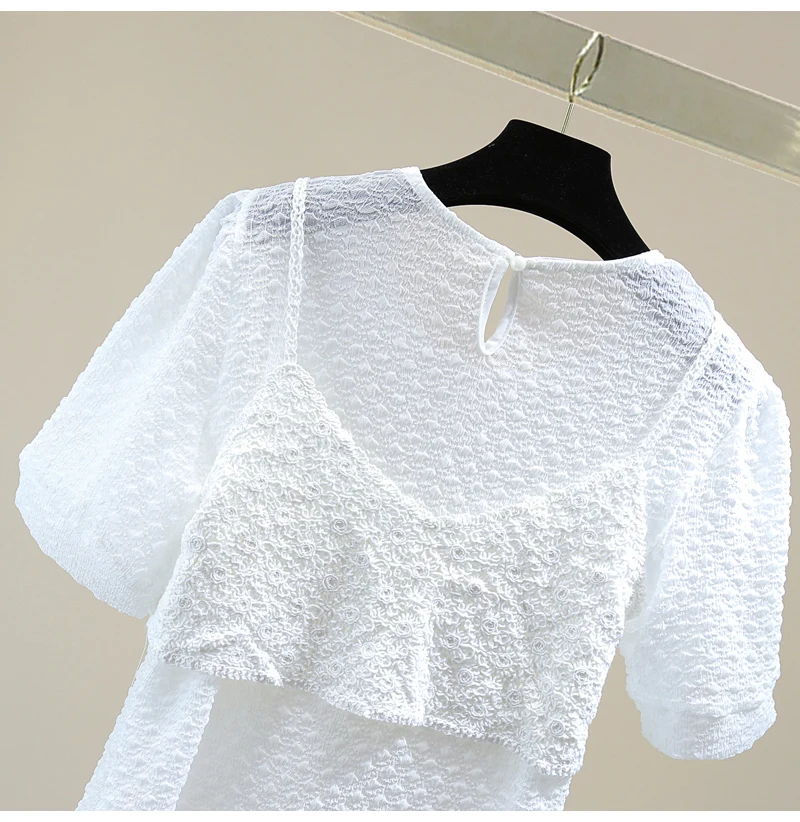 2021 Summer Beads Diamond Embossed Short-Sleeved Ladies Shirt Korean Slim Solid Women Blusas 3D Flower Chiffon Two-Piece Set
2021 Summer Beads Diamond Embossed Short-Sleeved Ladies Shirt Korean Slim Solid Women Blusas 3D Flower Chiffon Two-Piece Set