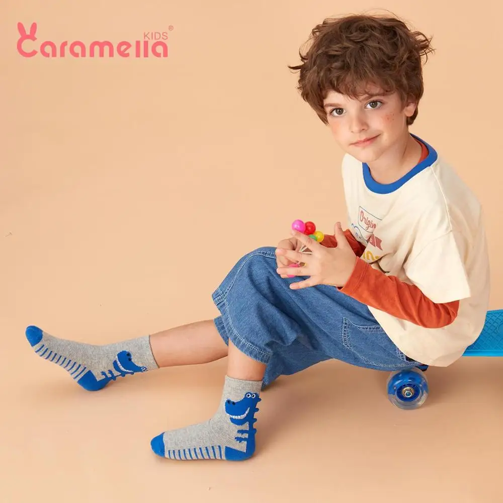 Caramella/новые хлопковые детские носки в полоску с динозавром новинка Короткие