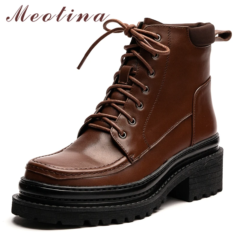 Meotina Med Calf Motorcycle Boots Women Real Leather Lace Up Shoes Thick Med Heel Boots Platform Square Toe Shoes Autumn Winter 
Meotina Med Calf Motorcycle Boots Women Real Leather Lace Up Shoes Thick Med Heel Boots Platform Square Toe Shoes Autumn Winter