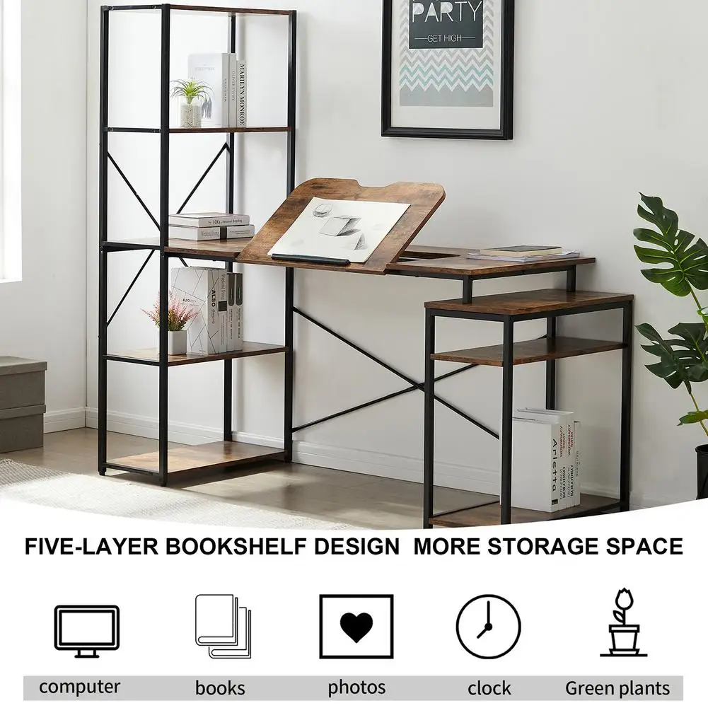 Home Office Computer Desk With 5-layer Bookshelves And 2 Open Storage Shelves With Tiltable Desktop Multifunctional Drawing Desk 
Home Office Computer Desk With 5-layer Bookshelves And 2 Open Storage Shelves With Tiltable Desktop Multifunctional Drawing Desk