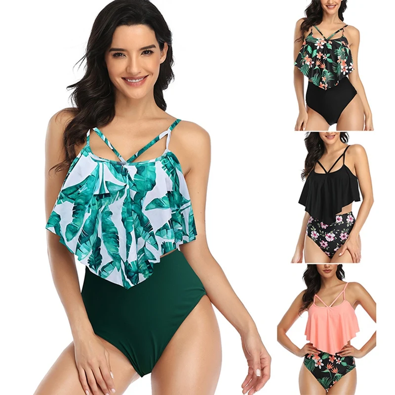 Женское бикини с высокой талией, разноцветный купальник с рюшами и разрезом на животе 
Женское бикини с высокой талией, разноцветный купальник с рюшами и разрезом на животе