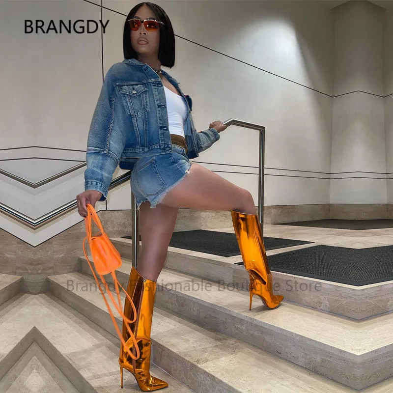 2021 Metallic Sheen Mirror Leather Knee-High Heels Boots Pointed Toe Neon Orange Stiletto Heels Boots Women Runway Banquet Shoes
2021 Metallic Sheen Mirror Leather Knee-High Heels Boots Pointed Toe Neon Orange Stiletto Heels Boots Women Runway Banquet Shoes