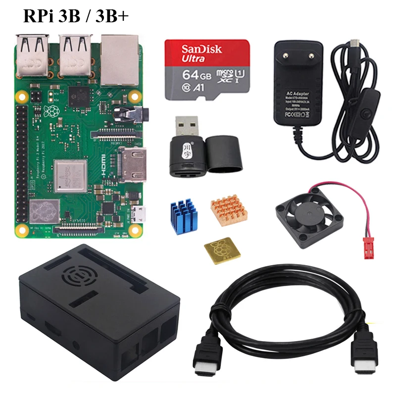 

Original Raspberry Pi 3 kit with ABS Case Cooling Fan Power Supply Adapter Heat Sink for RPi 3B Plus Pi3 B 3B+