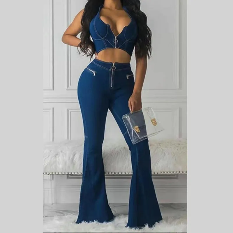Women Denim 2 Piece Matching Set Sexy Vest Zipper Crop Tops And Pants Suit African Two-piece Suit Summer Jeans Outfits Tracksuit
Women Denim 2 Piece Matching Set Sexy Vest Zipper Crop Tops And Pants Suit African Two-piece Suit Summer Jeans Outfits Tracksuit