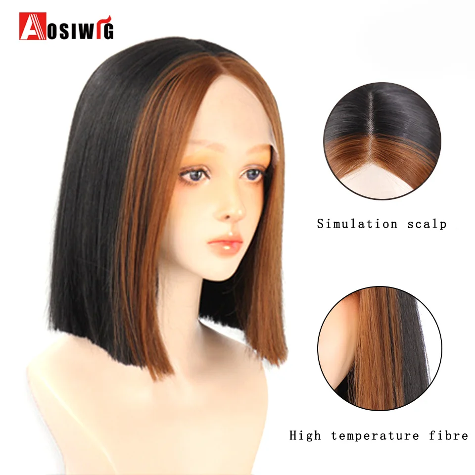 AOSIWIG Short Straight Hair Bob Wig Lady Naturally Synthetic Heat-resistant Closed Lace Party Daily Wear | Шиньоны и парики