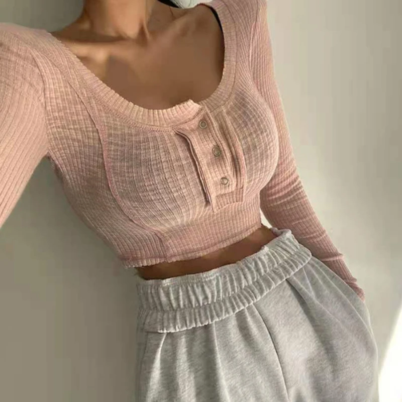2022 Button Solid Basic Long Sleeve Womens Tshirt Casual Black White Fashion Crop Top T Shirt Ladies Fashion Korean Tee Shirt
2022 Button Solid Basic Long Sleeve Womens Tshirt Casual Black White Fashion Crop Top T Shirt Ladies Fashion Korean Tee Shirt