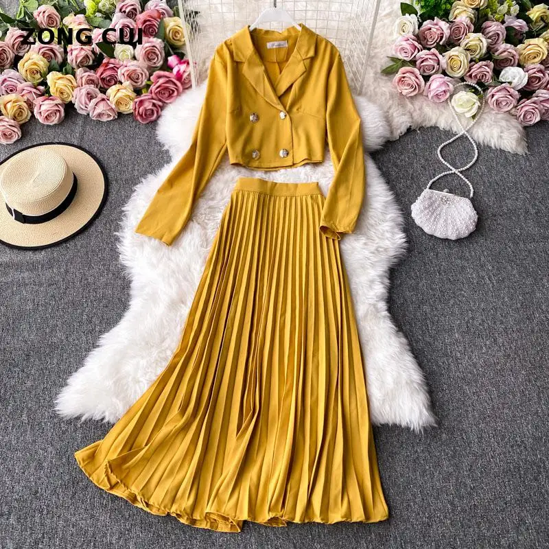 Women 2 Piece Set Pleated Skirt Autumn 2021 New Temperament Elegant Style Long Sleeve Suit Tops Midi Skirts Fashion 
Women 2 Piece Set Pleated Skirt Autumn 2021 New Temperament Elegant Style Long Sleeve Suit Tops Midi Skirts Fashion