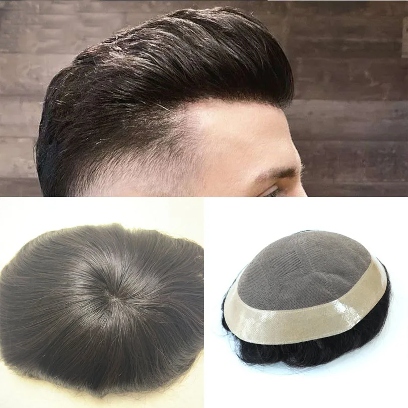 

Natural Black Color Durable Fine Mono Base Men Toupee 6'' Indian Human Hair Men Wig 130% Density Hair Patch for Men Multiple